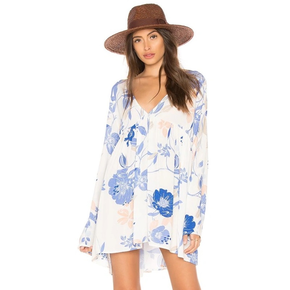 Free People Bella Print Tunic Dress Ivory Flare Sleeve Blue Floral Print Small